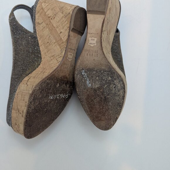 Stuart Weitzman Sparkly Gilver Gold High Wedge Heels, Sz 7.5 - Picture 2 of 4